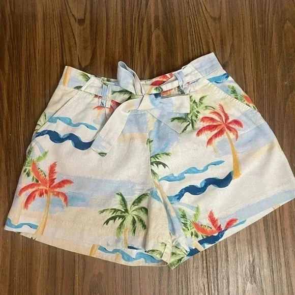 C&C California Tropical Beach Palm Tree Belted Linen Blend Shorts Womens Size 8 - Picture 10 of 11